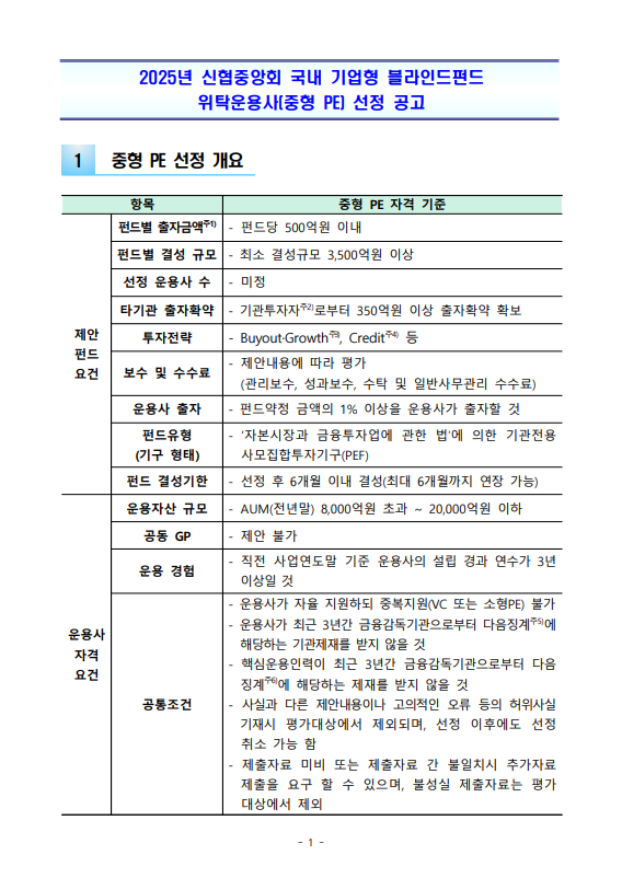 2025년 신협중앙회 국내 기업형 블라인드펀드 위탁운용사(중형PE) 선정 공고 상세 내용은 첨부파일 참조